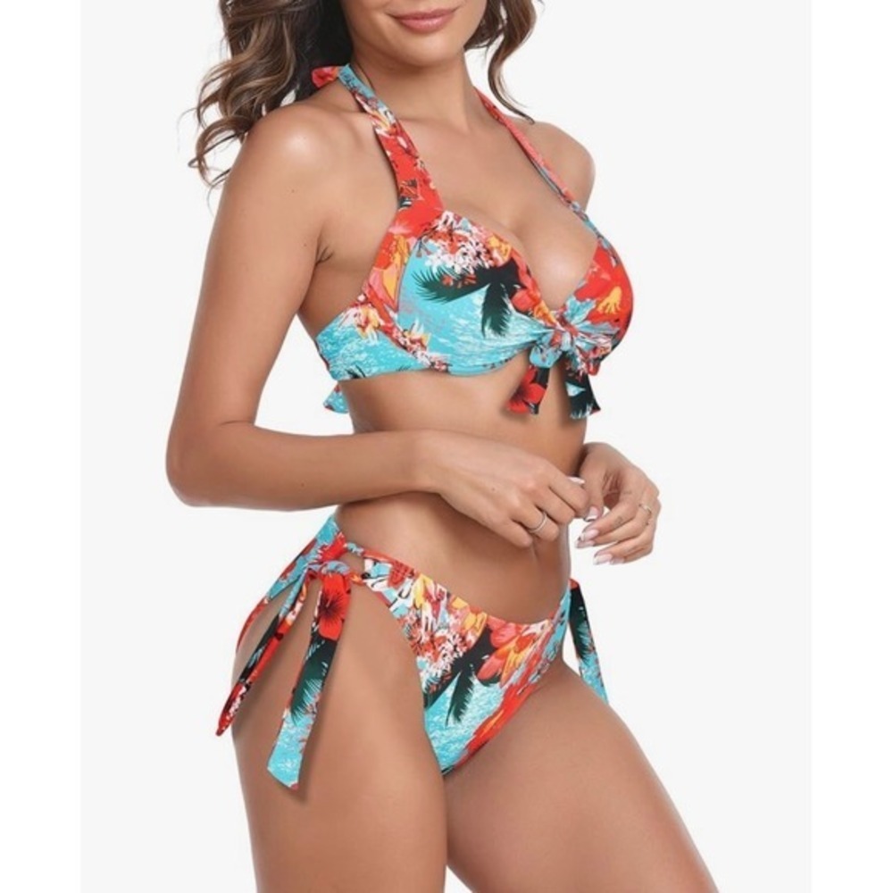 NEW‎ Colloyes XL Tropical Floral Print Halter Tie Front Bikini Swimsuit Set